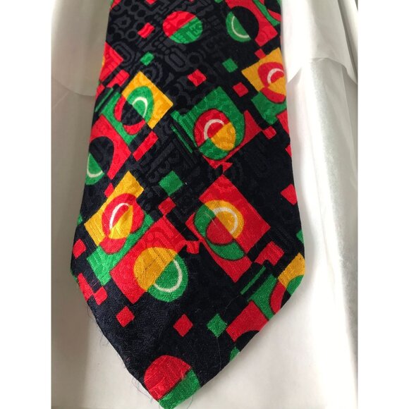 Vintage Men’s Saks Fifth Avenue Abstract Tie Black Red Green Yellow Geometric Pa - Picture 2 of 6